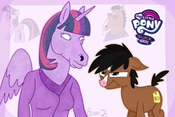 Size: 2000x1333 | Tagged: safe, artist:bloomhorse, artist:bloommoonbeam, twilight sparkle, alicorn, earth pony, horse, pony, anthro, g4, angry, bojack horseman, crossover, duo, grumpy, hoers, horn, logo, looking at each other, looking at someone, ponified, role reversal, style comparison, style emulation, twilight sparkle (alicorn), wings