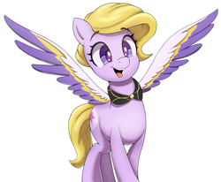 Size: 1453x1200 | Tagged: safe, artist:ahobobo, dazzle feather, pegasus, pony, g5, collar, colored wings, cute, female, happy, mare, multicolored wings, open mouth, open smile, simple background, smiling, solo, spread wings, white background, wings