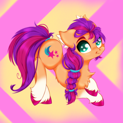Size: 2500x2500 | Tagged: safe, artist:rurihal, sunny starscout, earth pony, pony, g5, abstract background, braided ponytail, chest fluff, coat markings, cute, ear fluff, female, high res, leg fluff, looking at you, mare, simple background, smiling, socks (coat markings), sunnybetes, unshorn fetlocks