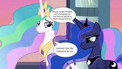 Size: 1280x720 | Tagged: safe, edit, edited screencap, screencap, princess celestia, princess luna, g4, the last problem, implied guardlestia, implied guardluna, misspelling, speech bubble