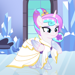 Size: 5000x5000 | Tagged: safe, artist:lovinglypromise, oc, oc:lovely promise, alicorn, pony, absurd resolution, alicorn oc, clothes, crown, crystal empire, dress, female, horn, jewelry, mare, not flurry heart, regalia, solo, wedding dress, wings