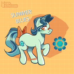 Size: 2000x2000 | Tagged: safe, artist:seasemissary, oc, oc:summer blues, pony, bow, high res, magical lesbian spawn, male, offspring, parent:coco pommel, parent:lyra heartstrings, solo, stallion, tail, tail bow