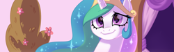 Size: 1473x443 | Tagged: safe, artist:lummh, artist:regendary, princess celestia, alicorn, pony, comic:the princess of love, g4, bust, crown, cute, cutelestia, female, jewelry, looking at you, mare, portrait, regalia, smiling, smiling at you, solo