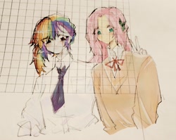 Size: 1781x1419 | Tagged: safe, artist:fyosisui4444, fluttershy, rainbow dash, human, equestria girls, g4, clothes, duo, duo female, eye clipping through hair, female, graph paper, lesbian, looking at you, necktie, peace sign, ship:flutterdash, shipping, traditional art