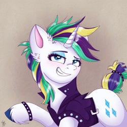 Size: 1968x1968 | Tagged: safe, artist:galaxy swirl, rarity, pony, unicorn, g4, it isn't the mane thing about you, alternate hairstyle, bedroom eyes, blushing, bracelet, clothes, ear fluff, female, grin, heart, heart eyes, jewelry, looking at you, mare, punk, raripunk, smiling, solo, unshorn fetlocks, vest, wingding eyes