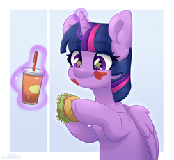 Size: 2350x2160 | Tagged: safe, artist:ev04ka, artist:ev04kaa, twilight sparkle, alicorn, pony, rcf community, g4, twilight time, burger, eating, female, food, glowing, glowing horn, hay burger, high res, horn, magic, magic aura, mare, messy eating, simple background, soda, solo, starry eyes, telekinesis, that pony sure does love burgers, twilight burgkle, twilight sparkle (alicorn), wingding eyes