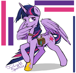 Size: 1230x1186 | Tagged: safe, artist:sallycars, twilight sparkle, alicorn, pony, g4, bag, book, female, implied sunny starscout, legitimately amazing mspaint, looking at you, mare, ms paint, peace sign, saddle bag, simple background, solo, twilight sparkle (alicorn), white background, wing hands, wings