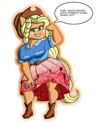 Size: 2128x2768 | Tagged: safe, artist:grandmassaspectre, applejack, human, equestria girls, g4, biceps, blouse, boots, clothes, female, flexing, high res, looking at you, muscles, muscular female, ponied up, shoes, simple background, skirt, solo, speech bubble, super ponied up, transparent background
