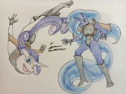 Size: 600x450 | Tagged: safe, artist:gameoverlord23, princess luna, rarity, anthro, g4, ass, butt, clothes, duo, duo female, female, flying, jetpack, leotard, traditional art
