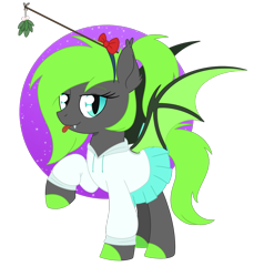 Size: 1545x1626 | Tagged: safe, artist:dyonys, oc, oc only, oc:daisy_(ponytown), bat pony, bat wings, bow, clothes, cloven hooves, fangs, female, green hair, green tail, hair bow, hairband, hoodie, mare, mistletoe, raised hoof, simple background, skirt, spread wings, stick, tail, tongue out, transparent background, white background, wings