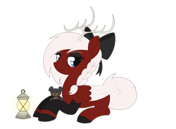 Size: 2048x1510 | Tagged: safe, artist:dyonys, oc, oc:amy_(ponytown), original species, pegasus, pony, antlers, bow, braid, colored wings, eyeshadow, female, hair bow, lantern, lying down, makeup, mare, plushie, prone, simple background, tail, teddy bear, transparent background, white hair, white tail, wings