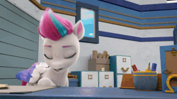 Size: 600x338 | Tagged: safe, screencap, zipp storm, pegasus, pony, g5, my little pony: make your mark, my little pony: make your mark chapter 1, spoiler:my little pony: make your mark, adorazipp, animated, colored wings, cropped, cute, desk, female, gif, gritted teeth, hooves on the table, i watch it for the ears, mare, maretime bay, multicolored wings, police station, solo, spread wings, teeth, unshorn fetlocks, wings