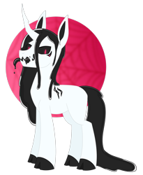 Size: 1665x2033 | Tagged: safe, artist:dyonys, oc, oc:neeble, monster pony, original species, black saliva, black sclera, cloven hooves, crooked horn, curved horn, dripping, drool, fangs, horn, long ears, looking at you, male, red eyes, scar, sharp teeth, simple background, slime, smiling, spider web, stallion, standing, tail, teeth, tongue out, transparent background, wet, wet mane, wet tail, white background