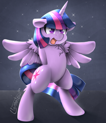 Size: 1218x1417 | Tagged: safe, artist:llametsul, twilight sparkle, alicorn, pony, g4, atg 2022, bipedal, cute, female, happy, horn, mare, newbie artist training grounds, signature, smiling, solo, spread wings, standing, twiabetes, twilight sparkle (alicorn), wings