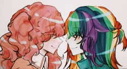 Size: 1052x572 | Tagged: safe, artist:fyosisui4444, pinkie pie, rainbow dash, human, equestria girls, g4, bust, clothes, duo, duo female, eye clipping through hair, female, lesbian, looking at each other, looking at someone, portrait, ship:pinkiedash, shipping, simple background, smiling