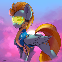 Size: 2048x2048 | Tagged: safe, artist:skitsroom, lightning dust, pegasus, pony, wonderbolts academy, clothes, ear fluff, eyebrows, female, goggles, high res, leg fluff, mare, open mouth, signature, solo, tail, uniform, wings, wonderbolt trainee uniform
