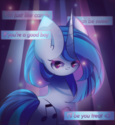 Size: 2250x2450 | Tagged: safe, artist:miryelis, dj pon-3, vinyl scratch, pony, unicorn, g4, big ears, high res, looking at you, simple background, smiling, smiling at you, solo, song, text, turned head