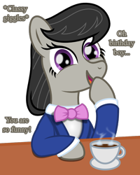 Size: 800x1000 | Tagged: safe, artist:favitwink, octavia melody, earth pony, pony, g4, :d, animated, animated png, birthday, blinking, bowtie, bust, clothes, commission, cup, female, food, gift art, giggling, happy, hoof over mouth, looking at you, loop, mare, necktie, open mouth, open smile, perfect loop, plate, show accurate, simple background, sitting, smiling, solo, steam, suit, table, transparent background, your character here