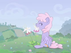 Size: 2732x2048 | Tagged: safe, artist:mandumustbasukanemen, rainbowshine, pegasus, pony, g4, eyes closed, female, flower, high res, hill, mare, scenery, sitting, sniffing, solo