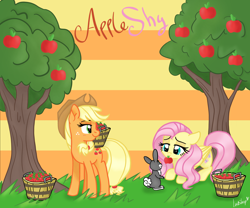 Size: 3000x2500 | Tagged: safe, artist:lostsheep, applejack, fluttershy, earth pony, pegasus, pony, rabbit, g4, animal, apple, apple tree, basket, blushing, female, floppy ears, folded wings, food, hat, herbivore, high res, lesbian, ship:appleshy, shipping, smiling, tree, wings