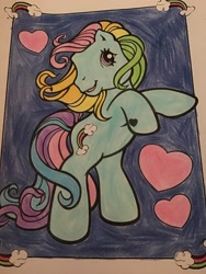 Size: 2448x3264 | Tagged: safe, artist:maddiedraws5678, rainbow dash (g3), earth pony, pony, g3, bipedal, blue background, colored, coloring page, cute, female, g3 dashabetes, heart, high res, hoof heart, mare, rainbow, rearing, simple background, smiling, solo, traditional art
