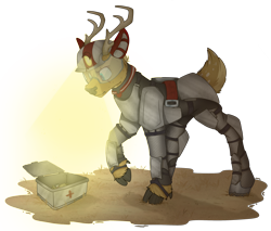 Size: 2700x2300 | Tagged: safe, artist:molars, oc, oc only, deer, ashes town, fallout equestria, antlers, armor, chestplate, cloven hooves, commission, deer oc, fallout equestria oc, fluffy tail, headlamp, helmet, high res, lighting, medkit, non-pony oc, raised eyebrow, simple background, solo, tail, transparent background