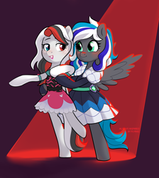 Size: 2600x2900 | Tagged: safe, artist:always inspired by flying, oc, oc only, oc:flaming dune, oc:rebel dragonfury, pegasus, pony, bipedal, blood moon, blushing, clothes, cute, dancing, dress, duo, duo female, female, freckles, full body, green eyes, heterochromia, high res, holding hooves, lesbian, looking at each other, looking at someone, love, mare, moon, multicolored mane, multicolored tail, ocbetes, open mouth, pegasus oc, red background, red light, shipping, simple background, spotlight, spread wings, standing, standing on one leg, tail, wings