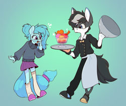 Size: 2620x2215 | Tagged: safe, artist:rexyseven, oc, oc only, oc:whispy slippers, anthro, amputee, clothes, duo, female, food, glasses, high res, ice cream, male, mare, meganekko, miniskirt, prosthetic leg, prosthetic limb, prosthetics, skirt, slippers, socks, stallion, sweater