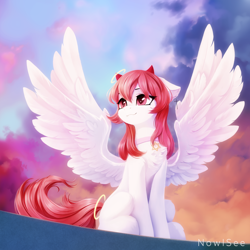 Size: 2500x2500 | Tagged: safe, artist:inowiseei, oc, oc only, oc:distant sound, pegasus, pony, chest fluff, commission, cross, ear piercing, earring, female, four wings, halo, high res, horns, jewelry, mare, multiple wings, piercing, sitting, solo, spread wings, star of david, wings
