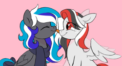 Size: 1684x915 | Tagged: safe, artist:hi_im_cranberry, oc, oc only, oc:flaming dune, oc:rebel dragonfury, pegasus, pony, :p, bow, clothes, cute, duo, duo female, eyes closed, face licking, female, folded wings, freckles, happy, lesbian, licking, looking at each other, looking at someone, love, mare, multicolored mane, oc x oc, pegasus oc, pink background, red eyes, scarf, shipping, simple background, sitting, smiling, smiling at each other, spread wings, tail, tail bow, tongue out, wings