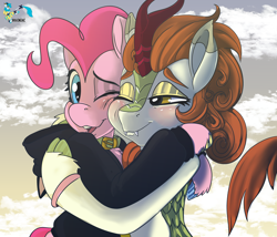 Size: 3500x3000 | Tagged: safe, artist:brainiac, autumn blaze, pinkie pie, earth pony, kirin, pony, g4, abstract background, autumnpie, clothes, collar, cute, fangs, female, high res, hoodie, hug, lesbian, looking at each other, looking at someone, mare, one eye closed, shipping