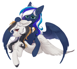 Size: 2521x2266 | Tagged: safe, artist:purrshen, oc, oc only, oc:flaming dune, oc:storm cloud river's, pegasus, pony, biting, bust, clothes, cute, duo, duo female, ear bite, eyeshadow, female, freckles, green eyes, high res, looking at someone, looking at you, makeup, mare, multicolored mane, nom, pegasus oc, profile, scarf, simple background, smiling, smiling at you, spread wings, striped scarf, transparent background, wings