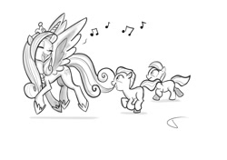 Size: 1200x847 | Tagged: source needed, safe, artist:lummh, princess cadance, oc, alicorn, earth pony, pony, g4, crown, female, foal, folded wings, hoof shoes, jewelry, mare, regalia, singing, tiara, wings