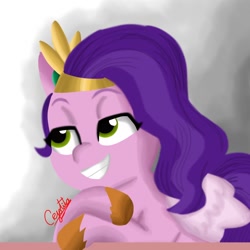 Size: 1280x1280 | Tagged: safe, artist:cjv2004, pipp petals, pegasus, pony, g5, my bananas, my little pony: a new generation, my little pony: tell your tale, spoiler:g5, spoiler:my little pony: tell your tale, female, grin, headband, jewelry, mare, regalia, scene interpretation, smiling, solo