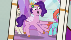 Size: 520x293 | Tagged: safe, screencap, jazz hooves, pipp petals, rocky riff, earth pony, pegasus, pony, g5, my bananas, my little pony: tell your tale, spoiler:g5, spoiler:my little pony: tell your tale, spoiler:tyts01e21, about to fall, animated, female, gif, headband, jewelry, male, mare, regalia, solo focus, stage, stage light, stallion, trio