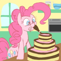Size: 1500x1500 | Tagged: safe, artist:legendoflink, pinkie pie, earth pony, pony, g4, bowl, cake, chocolate, female, food, happy, heart, heart eyes, indoors, looking at something, mare, mouth hold, oven, solo, window, wingding eyes