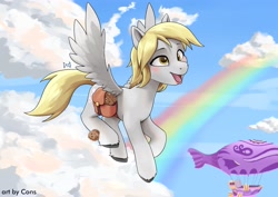 Size: 3508x2480 | Tagged: safe, alternate version, artist:consigspartan, artist:pwnagespartan, derpy hooves, pegasus, pony, airship, bag, blushing, cloud, cute, derpabetes, female, flying, food, hot air balloon, muffin, rainbow, saddle bag, sky, solo, zeppelin