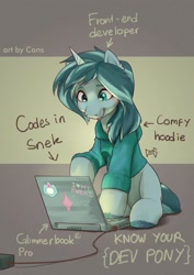 Size: 1754x2480 | Tagged: safe, artist:consigspartan, artist:pwnagespartan, oc, oc only, oc:kylo byte, pony, unicorn, clothes, computer, developer pony, female, hoodie, laptop computer, looking at something, mare, programming, sitting, solo