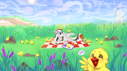 Size: 4622x2600 | Tagged: safe, artist:always inspired by flying, oc, oc only, oc:storm cloud river's, bird, dog, goose, pegasus, pony, cottagecore, cute, female, flower, flower in hair, freckles, full body, grass, grass field, heterochromia, hill, looking at someone, lying down, mare, multicolored mane, multicolored tail, pegasus oc, picnic, picnic blanket, reading, sky, spread wings, surprised, tail, tower, wind, wings