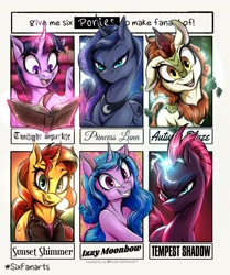 Size: 1976x2360 | Tagged: safe, artist:draft the filmmaker, autumn blaze, izzy moonbow, princess luna, sunset shimmer, tempest shadow, twilight sparkle, alicorn, kirin, pony, unicorn, g4, g5, book, broken horn, clothes, crown, horn, jacket, jewelry, leather, leather jacket, leaves, one ear down, peytral, reading, regalia, six fanarts, that pony sure does love books, twilight sparkle (alicorn)