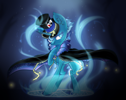 Size: 2472x1965 | Tagged: safe, artist:adelfrey, oc, oc only, oc:wondermint, pony, unicorn, icey-verse, cape, clothes, commission, female, glowing, glowing horn, hat, horn, magic, magical lesbian spawn, mare, offspring, parent:minuette, parent:trixie, parents:minixie, playing card, raised hoof, solo, symbol, top hat, ych result