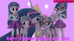 Size: 3840x2160 | Tagged: safe, artist:optimussparkle, sci-twi, twilight sparkle, alicorn, human, pony, unicorn, equestria girls, g4, my little pony equestria girls: better together, the last problem, 3d, equestria girls ponified, geode of telekinesis, glasses, high res, human ponidox, magical geodes, multeity, older, older twilight, older twilight sparkle (alicorn), princess twilight 2.0, self paradox, self ponidox, source filmmaker, sparkle sparkle sparkle, time paradox, twilight sparkle (alicorn), twilight sparkle day, twolight, unicorn sci-twi