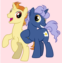 Size: 600x617 | Tagged: safe, artist:cheezedoodle96, edit, golden crust, midnight snack (g4), pony, unicorn, g4, duo, duo male, friendship student, gay, grin, happy, looking at you, male, open mouth, ship:goldensnack, shipping, smiling, smiling grin, stallion
