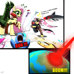 Size: 3138x3115 | Tagged: safe, artist:questionmarkdragon, fluttershy, oc, oc:flutterbomb, oc:flutterozoa, pony, shark, g4, explosion, high res, missile, open mouth, raised hoof, running, scared