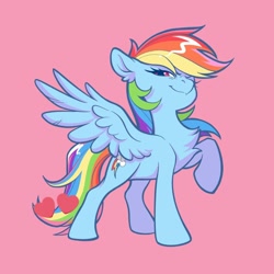 Size: 1024x1024 | Tagged: safe, artist:paipaishuaige, rainbow dash, pegasus, pony, g4, backwards cutie mark, chest fluff, female, heart, looking at you, mare, pink background, raised hoof, simple background, solo, spread wings, wings