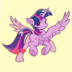 Size: 1024x1024 | Tagged: safe, artist:paipaishuaige, twilight sparkle, alicorn, pony, butt, eyebrows, female, heart, horn, looking at you, looking back, looking back at you, mare, rear view, simple background, smiling, smiling at you, solo, spread wings, twibutt, twilight sparkle (alicorn), underhoof, wings, yellow background