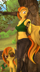 Size: 2160x3840 | Tagged: safe, artist:donglysfm, spitfire, pegasus, anthro, g4, 3d, abs, alternate hairstyle, anthro ponidox, aviator sunglasses, clothes, denim, high res, jeans, looking at you, midriff, outdoors, pants, revamped anthros, self paradox, self ponidox, source filmmaker, source filmmaker resource, sunglasses, tree, water bottle, watermark