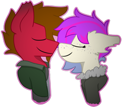 Size: 1775x1550 | Tagged: safe, artist:grandfinaleart, oc, oc only, oc:grand finale, oc:molars, pegasus, pony, fallout equestria, blue hair, blue mane, bomber jacket, boop, brown hair, brown mane, bust, clothes, couple, dating, digital art, duo, duo male and female, facial hair, female, goatee, jacket, male, mare, noseboop, pegasus oc, pink hair, pink mane, portrait, purple hair, purple mane, red fur, shirt, simple background, smiling, stallion, torn ear, transparent background