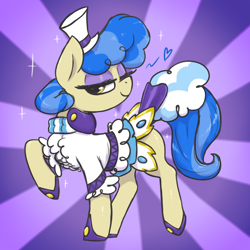 Size: 3000x3000 | Tagged: safe, artist:t72b, sapphire shores, earth pony, pony, g4, clothes, eyeshadow, female, hat, high res, looking back, makeup, mare, one eye closed, raised hoof, raised tail, shoes, simple background, sparkles, sunburst background, tail, wink
