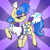 Size: 3000x3000 | Tagged: safe, artist:t72b, sapphire shores, earth pony, pony, g4, clothes, eyeshadow, female, hat, high res, looking back, makeup, mare, one eye closed, raised hoof, raised tail, shoes, simple background, sparkles, sunburst background, tail, wink